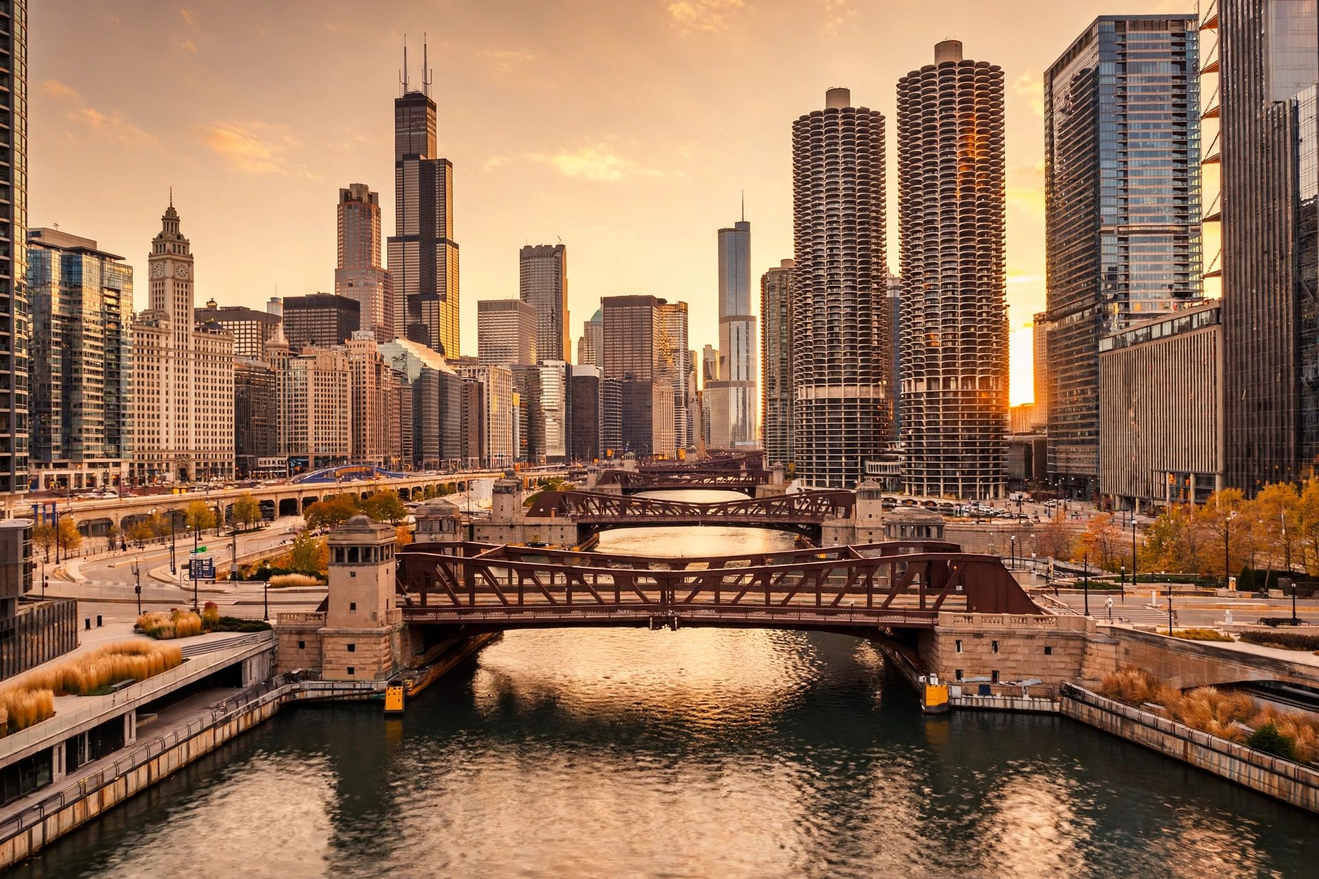 Chicago skyline in warm sunset tones, decorative image