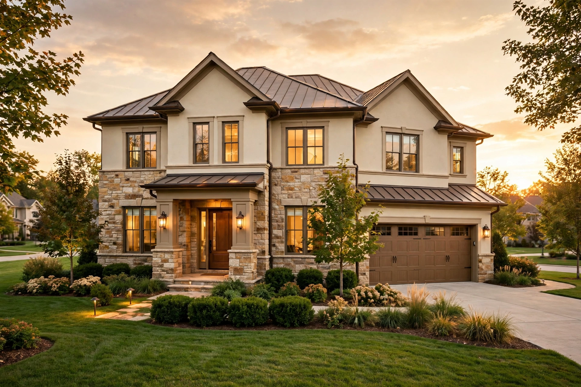 Warm suburban home exterior at sunset, decorative image