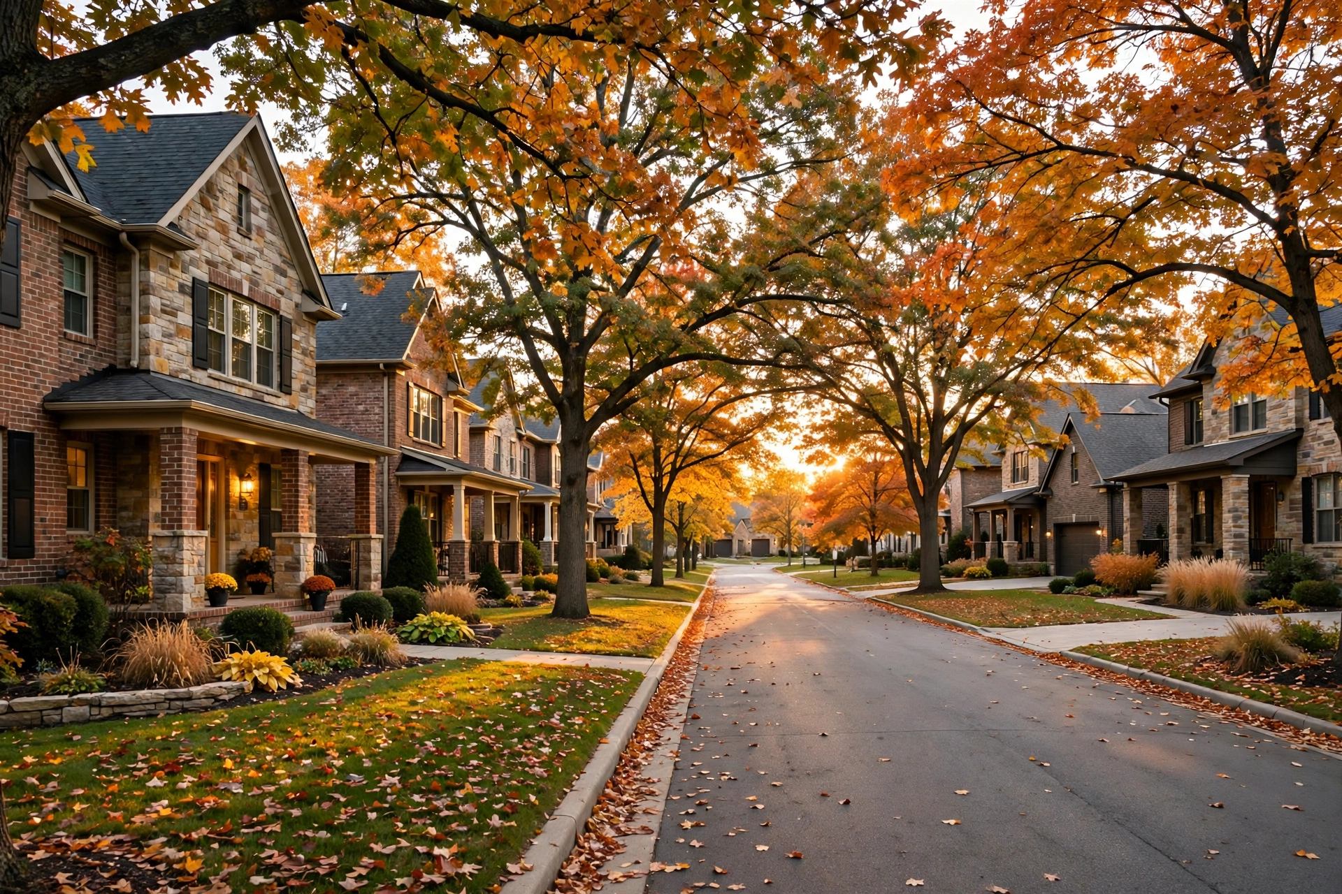 Tree-lined Illinois suburban street in autumn, decorative image